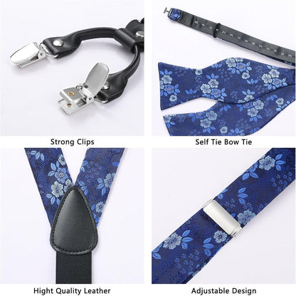 HISDERN Herren Hosenträger Set mit Fliege und Einstecktuch Blau Floral