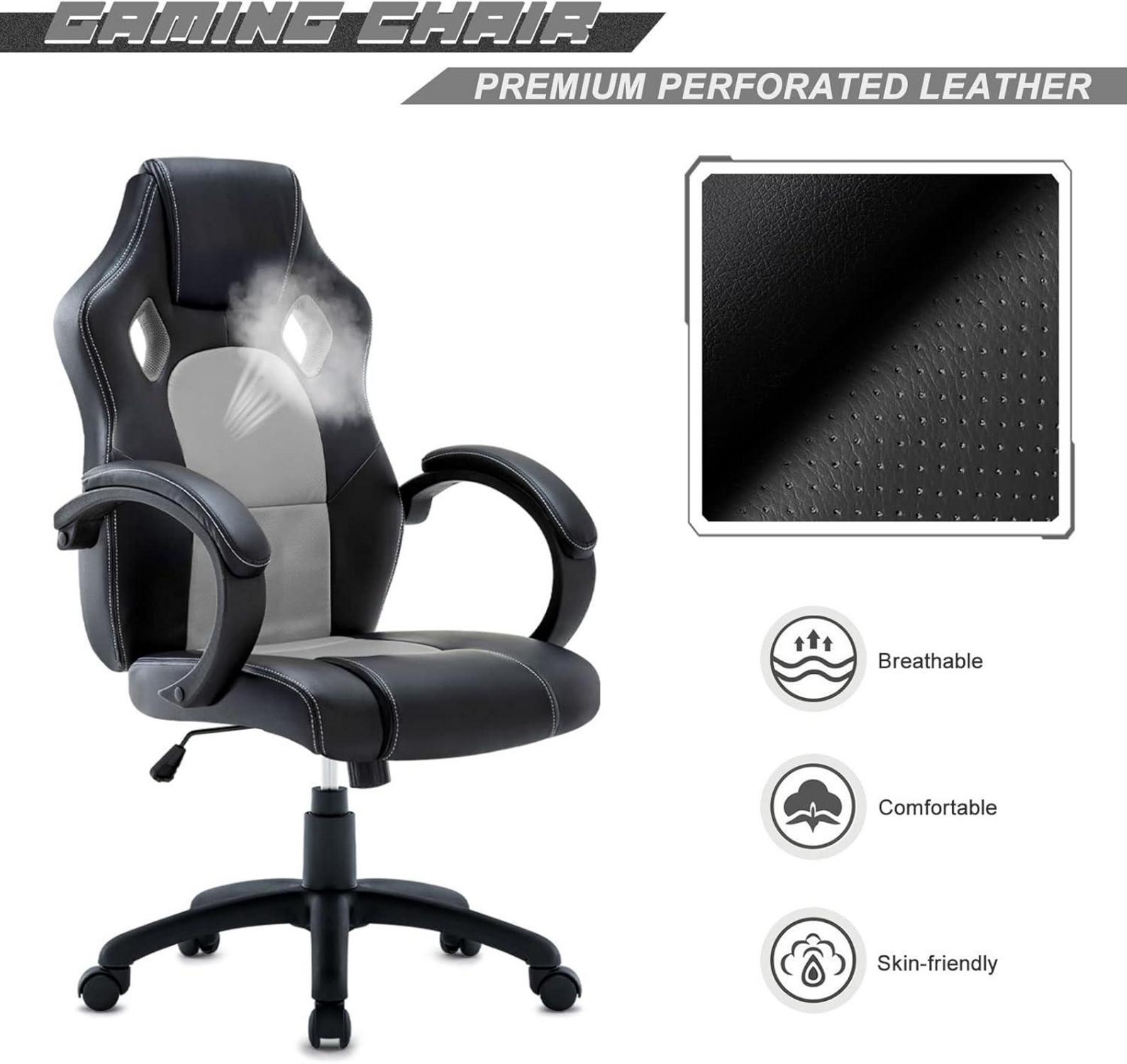 Ergonomischer Gaming Stuhl grau mit hoher Rückenlehne und Racing