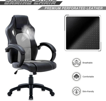 Ergonomischer Gaming Stuhl grau mit hoher Rückenlehne und Racing