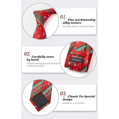 Herren Weihnachts Krawatte & Einstecktuch Set Schneeflocke Rot/Grün