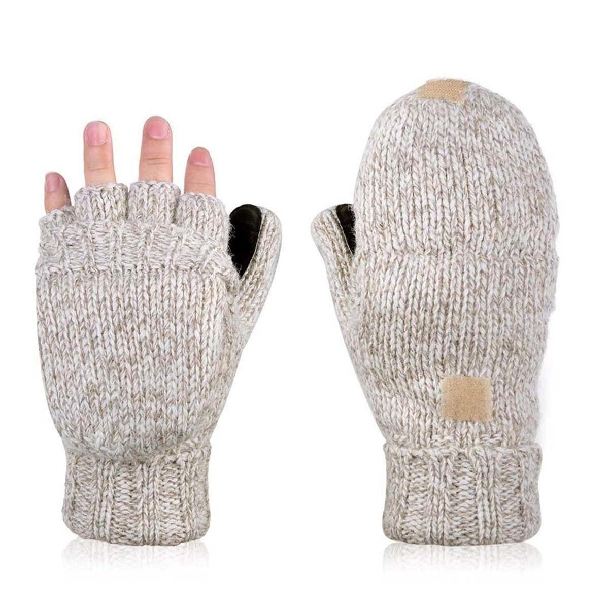 Damen Fingerlose Strickhandschuhe mit Klappfinger Vintage-Beige