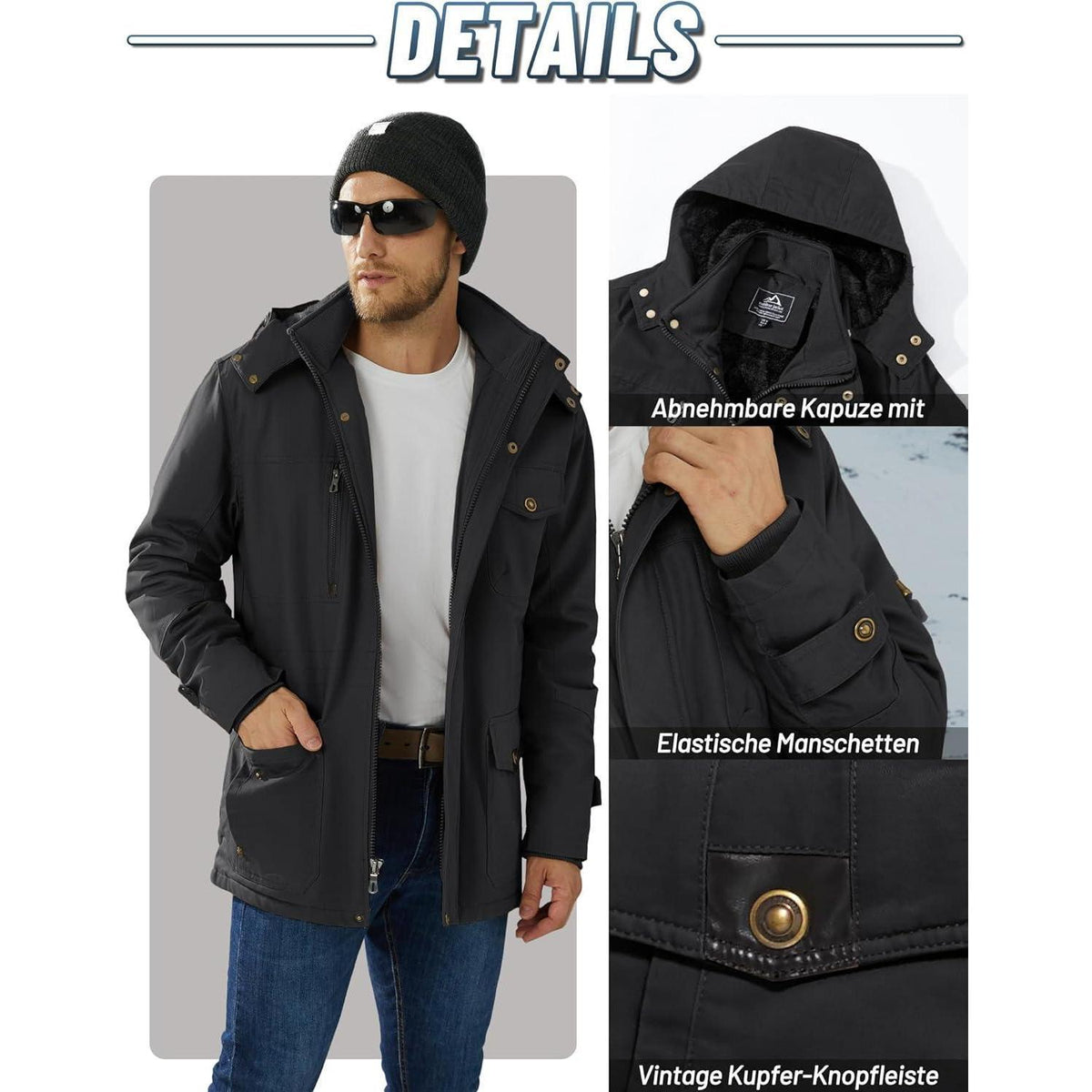 Herren Winterparka mit Kapuze – Warm gefüttert & Vieltaschen