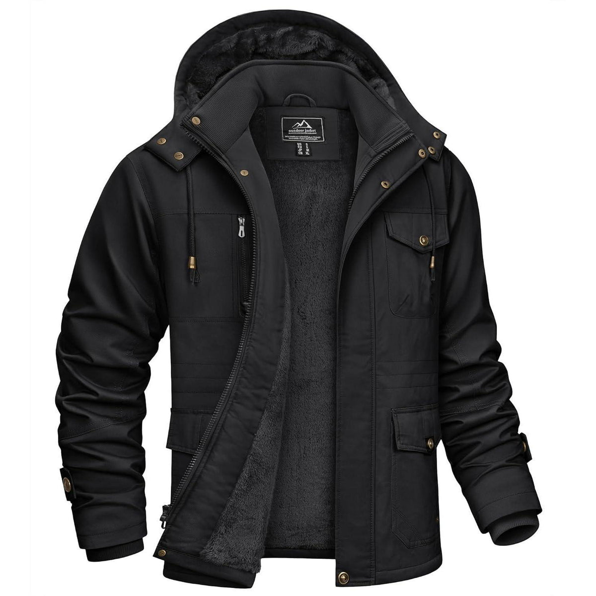 Herren Winterparka mit Kapuze & Cargo Taschen – Schwarz