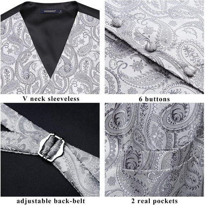 Herren Jacquard Weste Krawatte Einstecktuch Set Grau 5XL