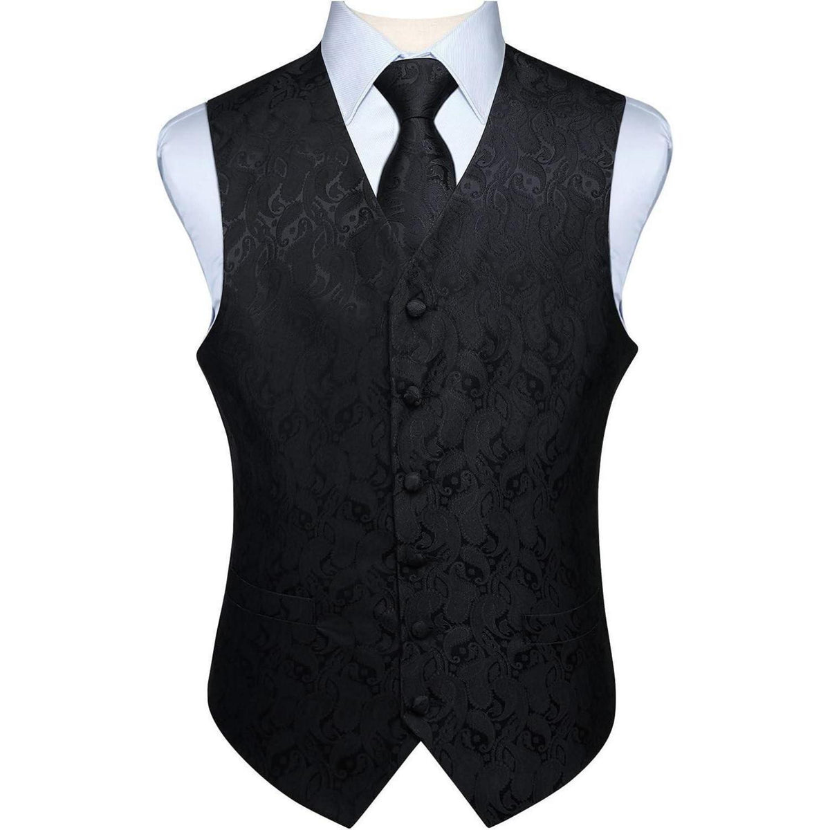 Herren Weste Krawatte Einstecktuch Set Jacquard Blumenmuster Schwarz
