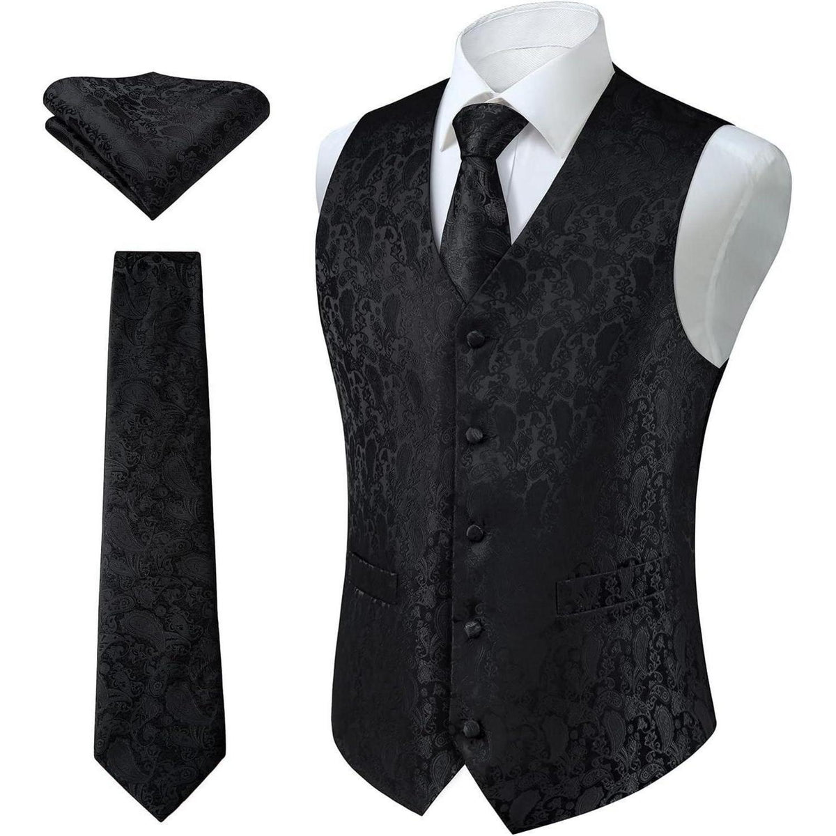 Herren Weste Krawatte Einstecktuch Set Jacquard Blumenmuster Schwarz