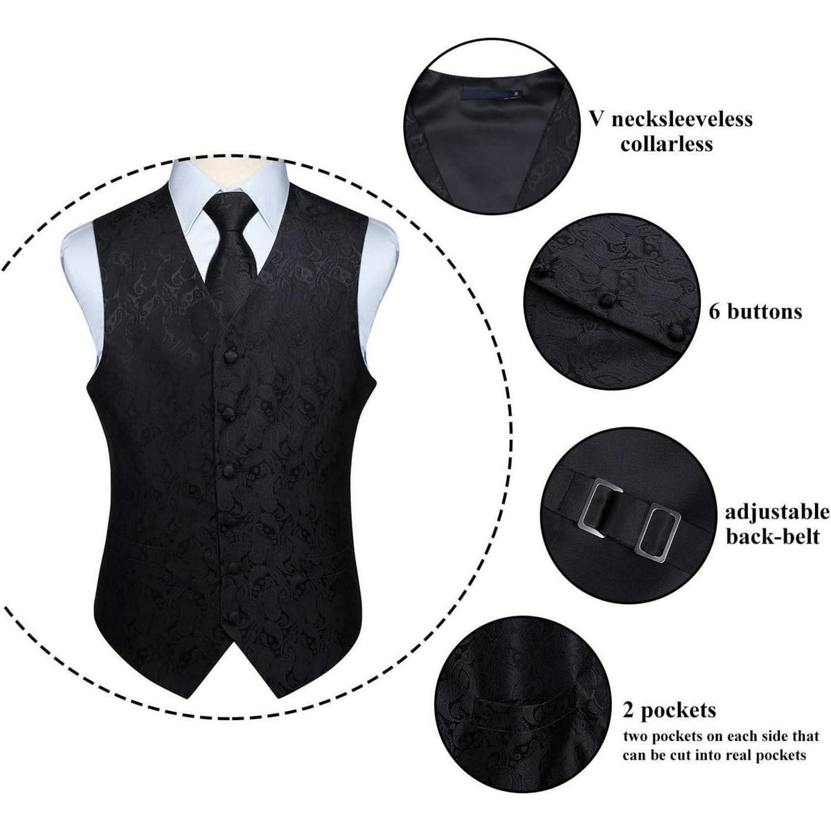 Herren Weste Krawatte Einstecktuch Set Jacquard Blumenmuster Schwarz