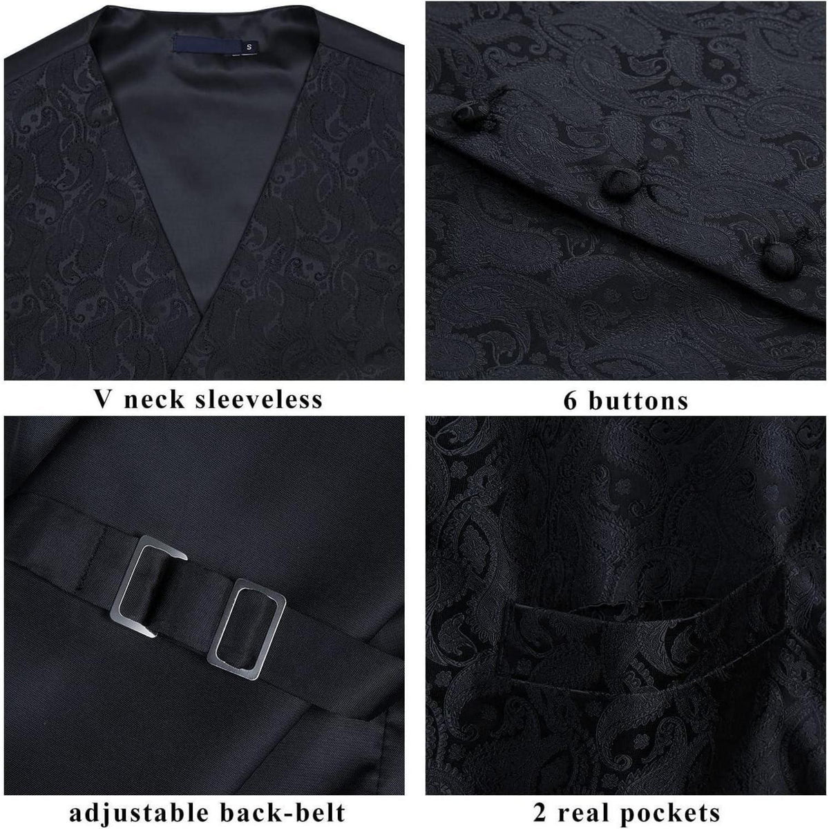 Herren Weste Krawatte Einstecktuch Set Jacquard Blumenmuster Schwarz