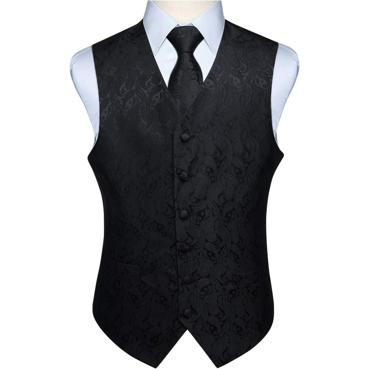 Herren Weste Krawatte Einstecktuch Set Jacquard Blumenmuster Schwarz