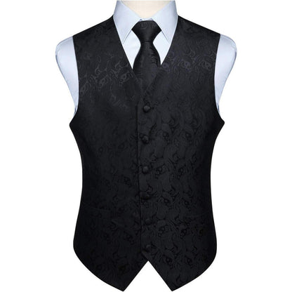 Herren Weste Krawatte Einstecktuch Set Jacquard Blumenmuster Schwarz