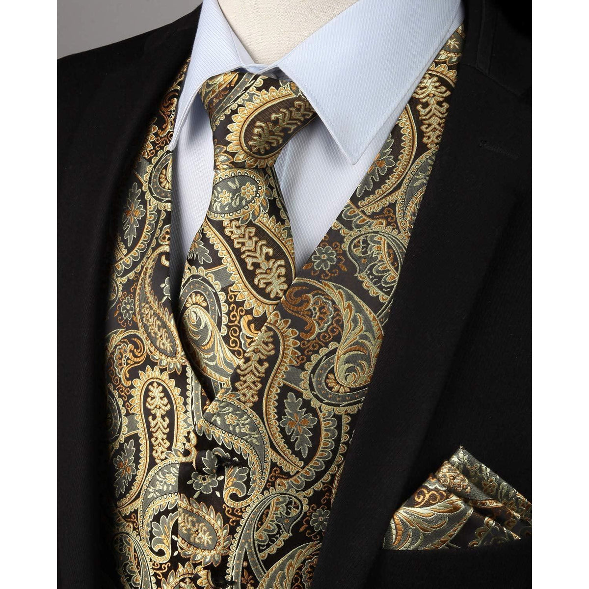 Herren Weste Krawatte Einstecktuch Set Gold Jacquard Seide