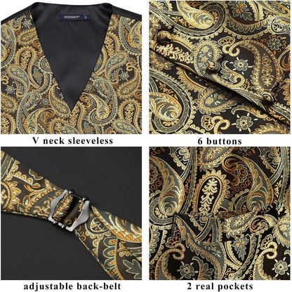 Herren Weste Krawatte Einstecktuch Set Gold Jacquard Seide