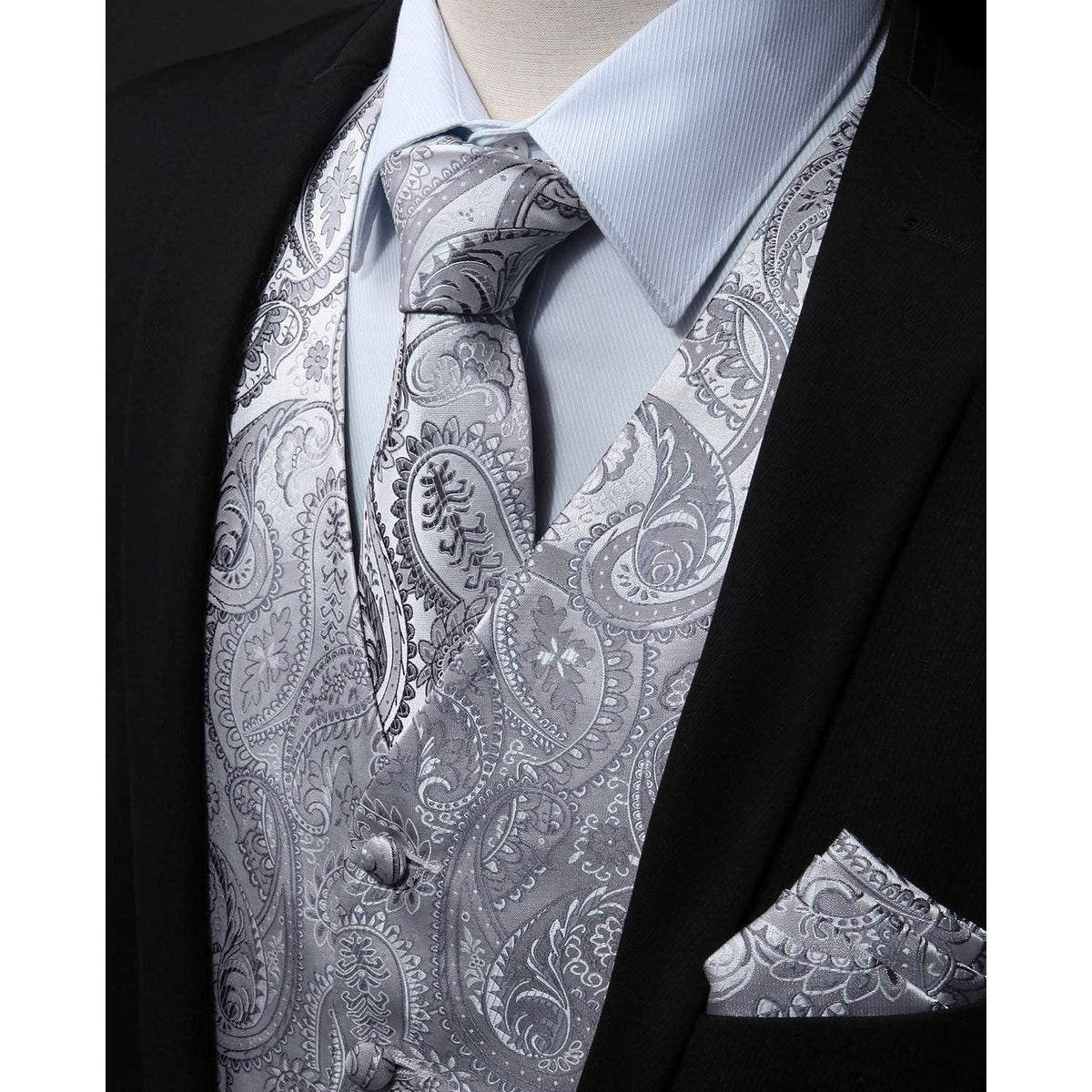 Herren Jacquard Weste Krawatte Einstecktuch Set Grau