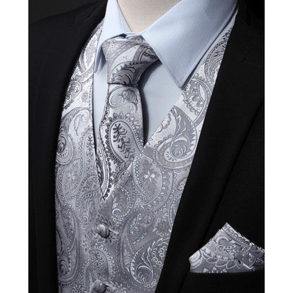 Herren Jacquard Weste Krawatte Einstecktuch Set Grau