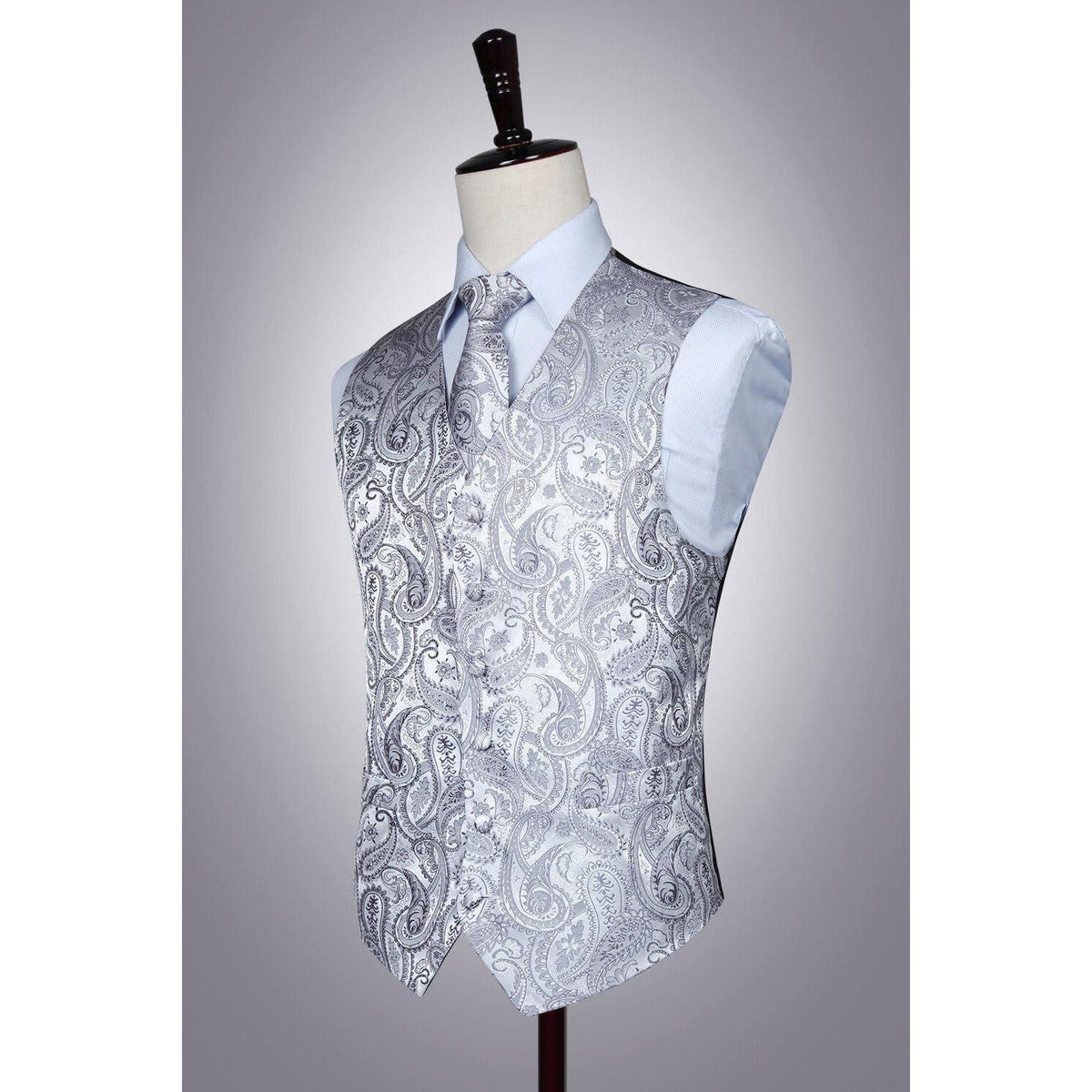 Herren Jacquard Weste Krawatte Einstecktuch Set Grau