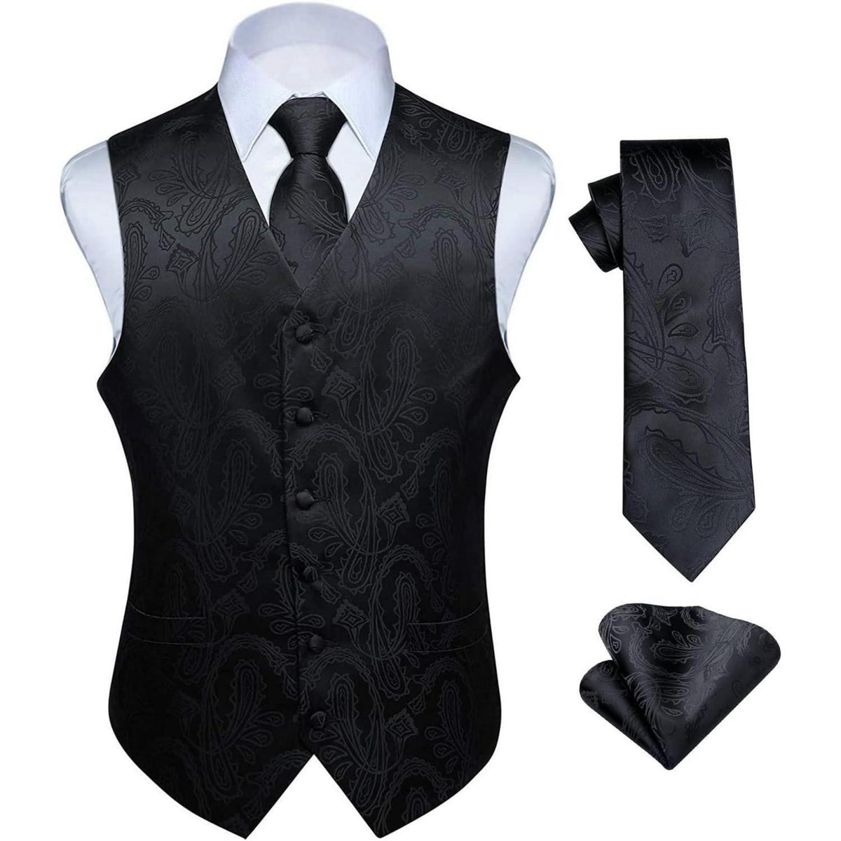 Herren Jacquard Weste Krawatte Einstecktuch Set Schwarz Seide