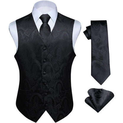 Herren Jacquard Weste Krawatte Einstecktuch Set Schwarz Seide