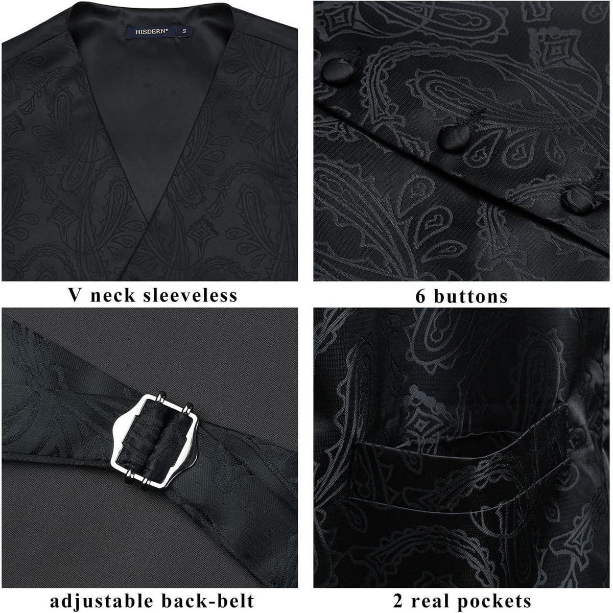 Herren Jacquard Weste Krawatte Einstecktuch Set Schwarz Seide