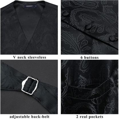 Herren Jacquard Weste Krawatte Einstecktuch Set Schwarz Seide