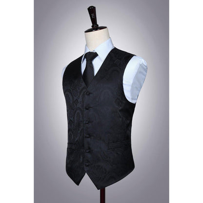 Herren Jacquard Weste Krawatte Einstecktuch Set Schwarz Seide