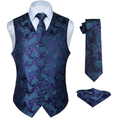 Herren Jacquard Weste Krawatte Einstecktuch Set Lila Grün