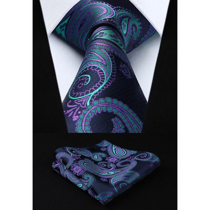 Herren Jacquard Weste Krawatte Einstecktuch Set Lila Grün