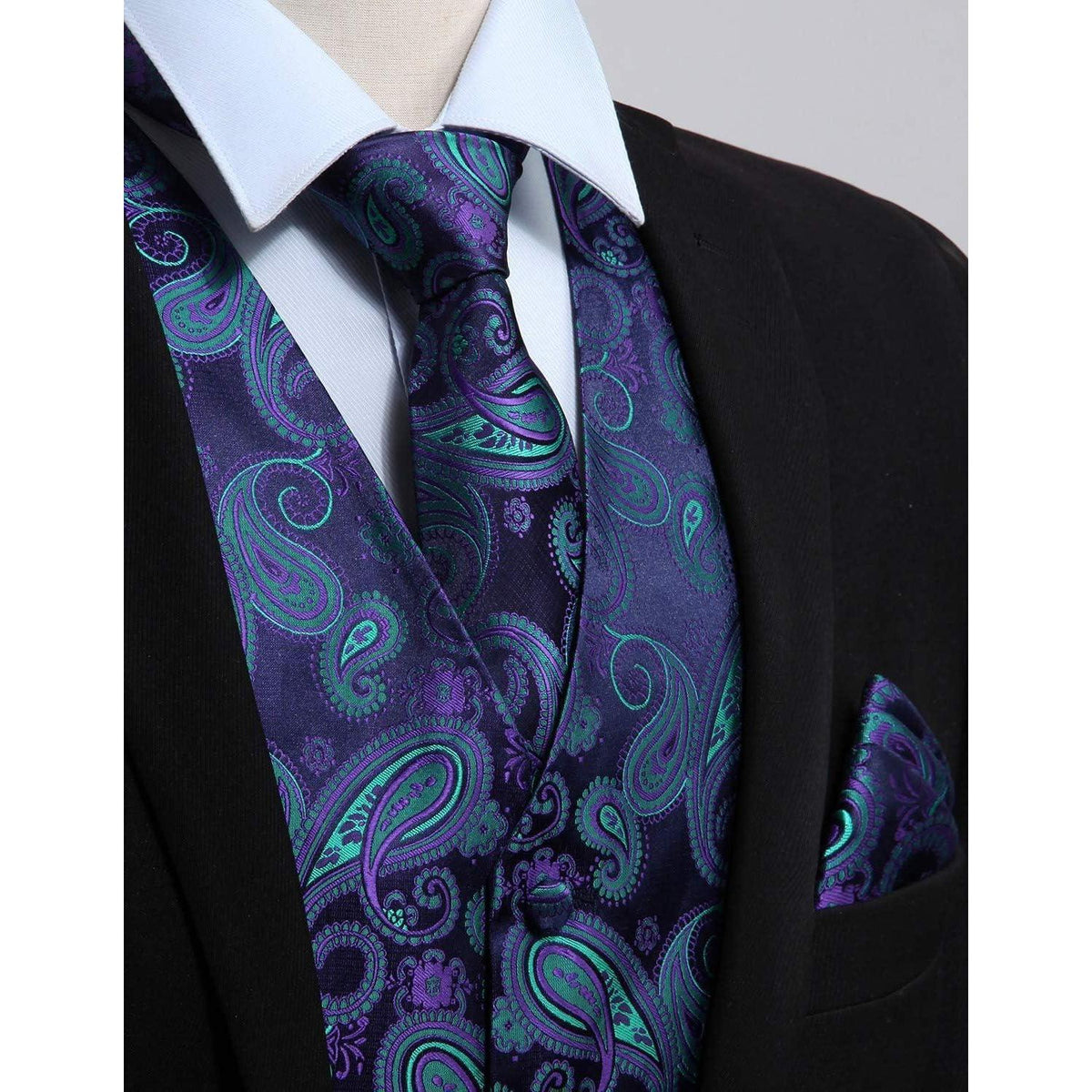 Herren Jacquard Weste Krawatte Einstecktuch Set Lila Grün