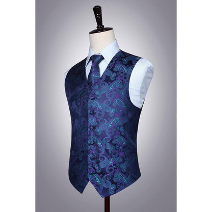 Herren Jacquard Weste Krawatte Einstecktuch Set Lila Grün