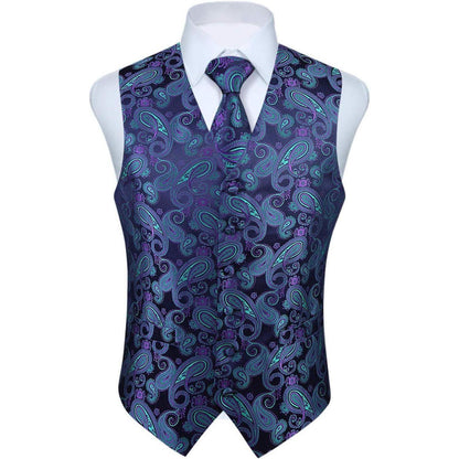 Herren Jacquard Weste Krawatte Einstecktuch Set Lila Grün