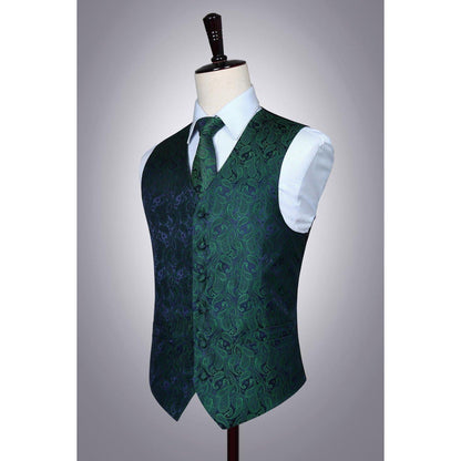 Herren Weste Krawatte Einstecktuch Set Jacquard Seide Grün