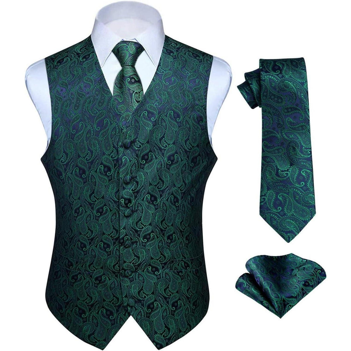 Herren Jacquard Weste Krawatte Einstecktuch Set Grün Lila