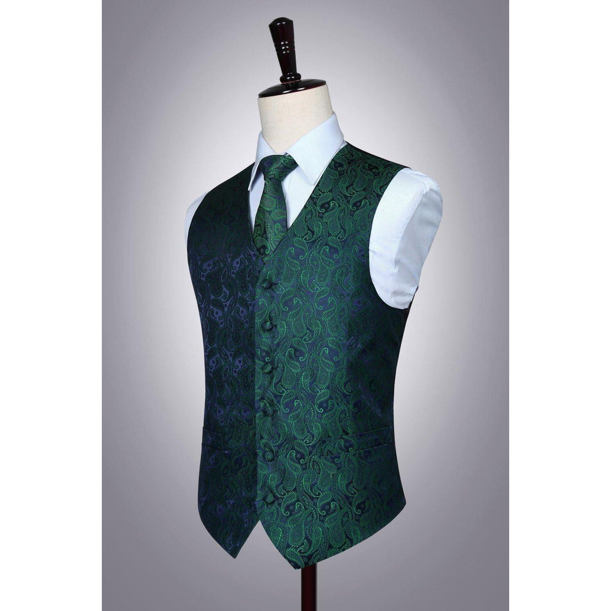 Herren Jacquard Weste Krawatte Einstecktuch Set Grün Lila