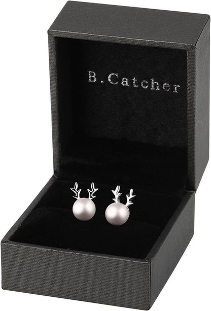 Ohrringe Damen Perlen S925 Silber Elch Geweih Ohrstecker 6mm