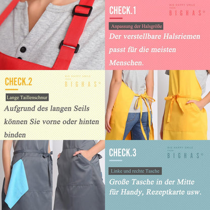 Verstellbare Schürze mit Tasche und Extra langen Bändern 18 Farben Beige 27W×32L