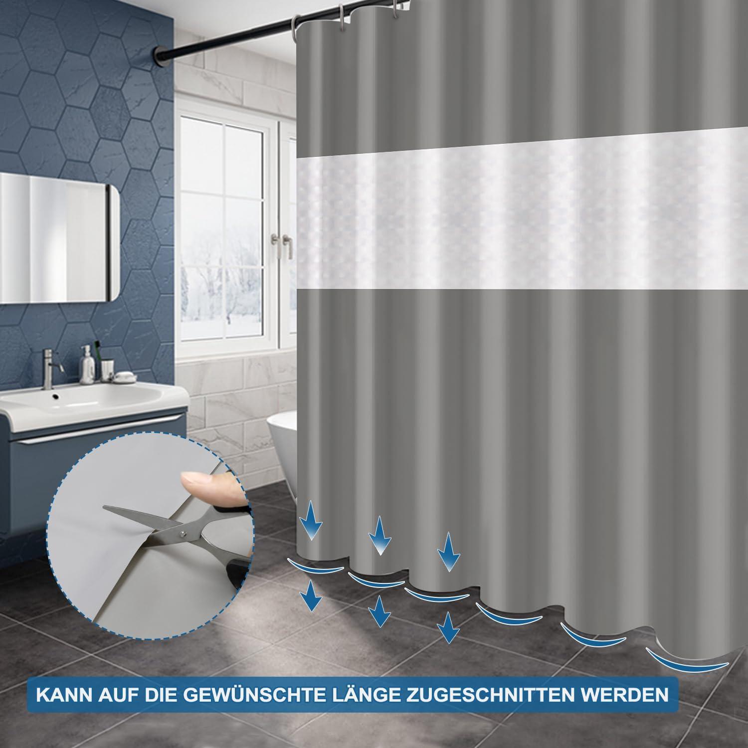Duschvorhang Grau 180x200 cm Anti-Schimmel Wasserdicht mit 12 Ringen