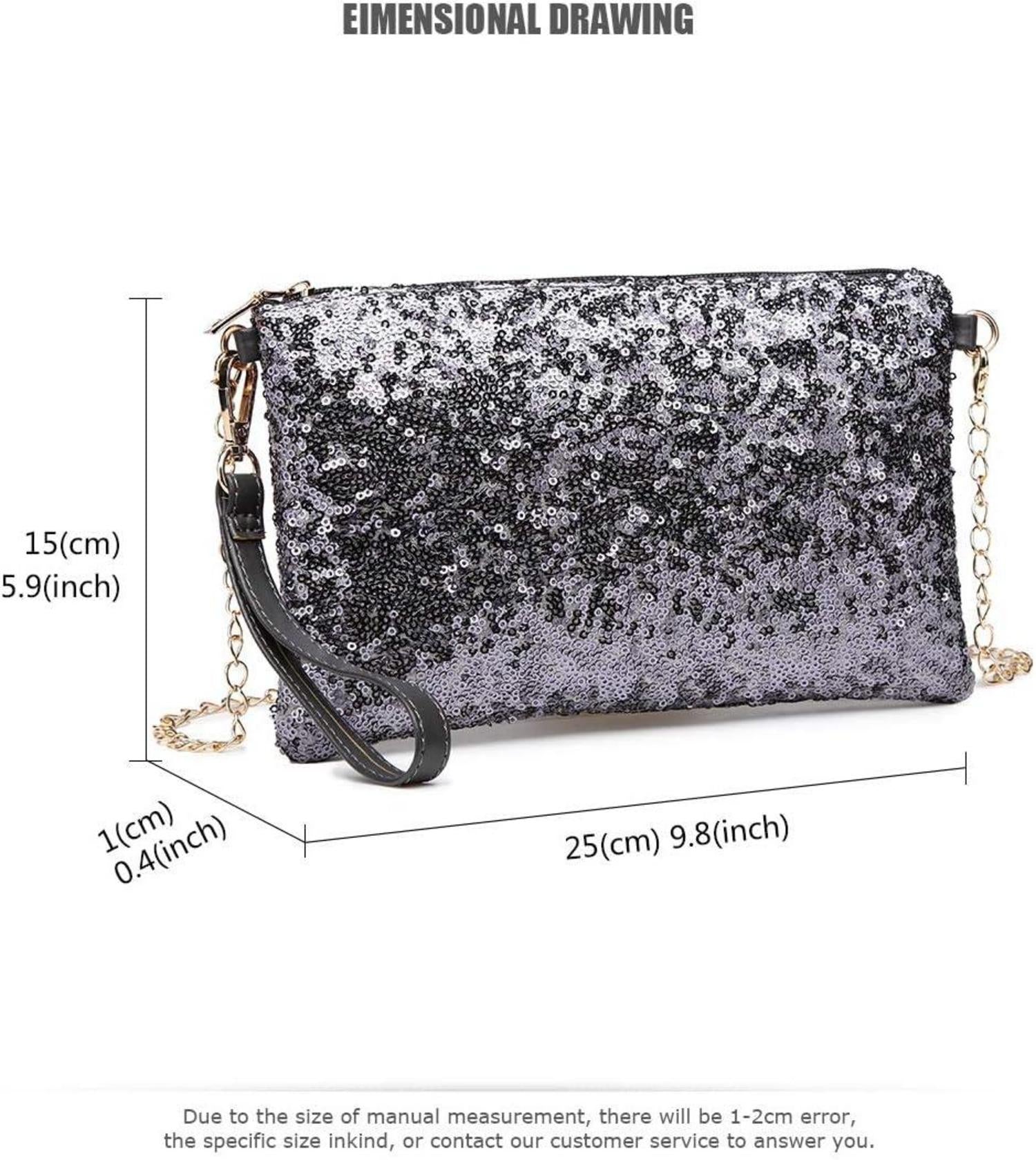 Miss Lulu Damen Mini Clutch Pailletten Umhängetasche Schultertasche Schwarz