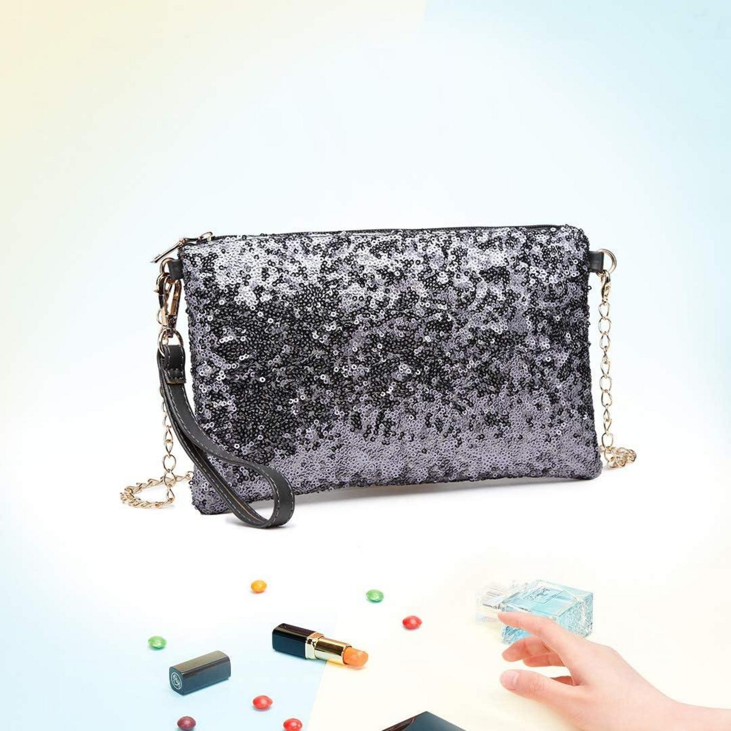 Damen Mini Pailletten Umhängetasche Schultertasche Clutch Blau