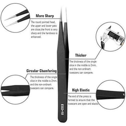10PCS ESD Pinzetten Kit Präzisions Anti-Statik Edelstahl SET