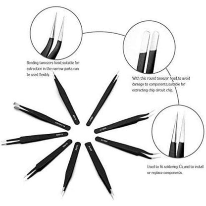10PCS ESD Pinzetten Kit Präzisions Anti-Statik Edelstahl SET
