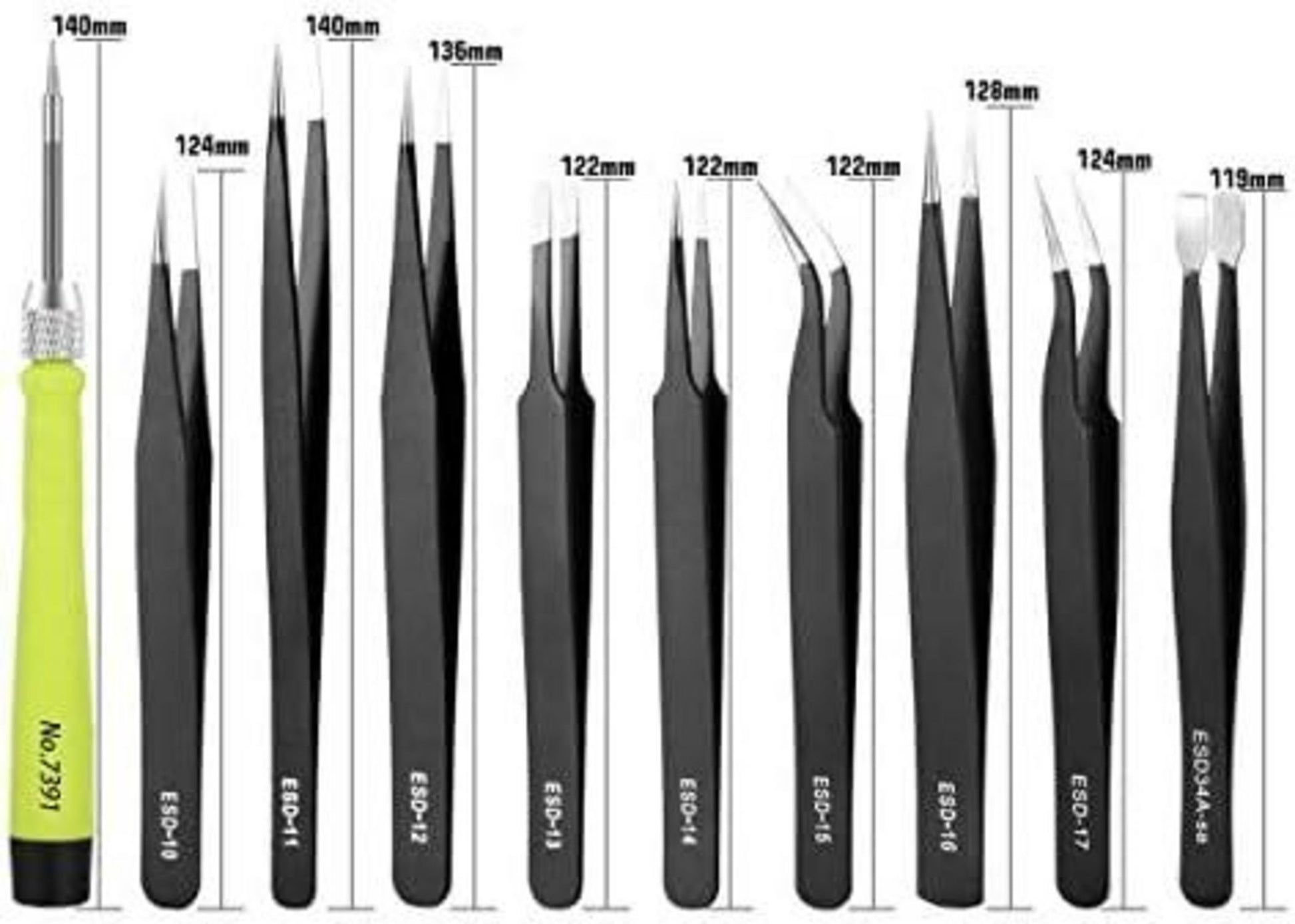 10PCS ESD Pinzetten Kit Präzisions Anti-Statik Edelstahl SET