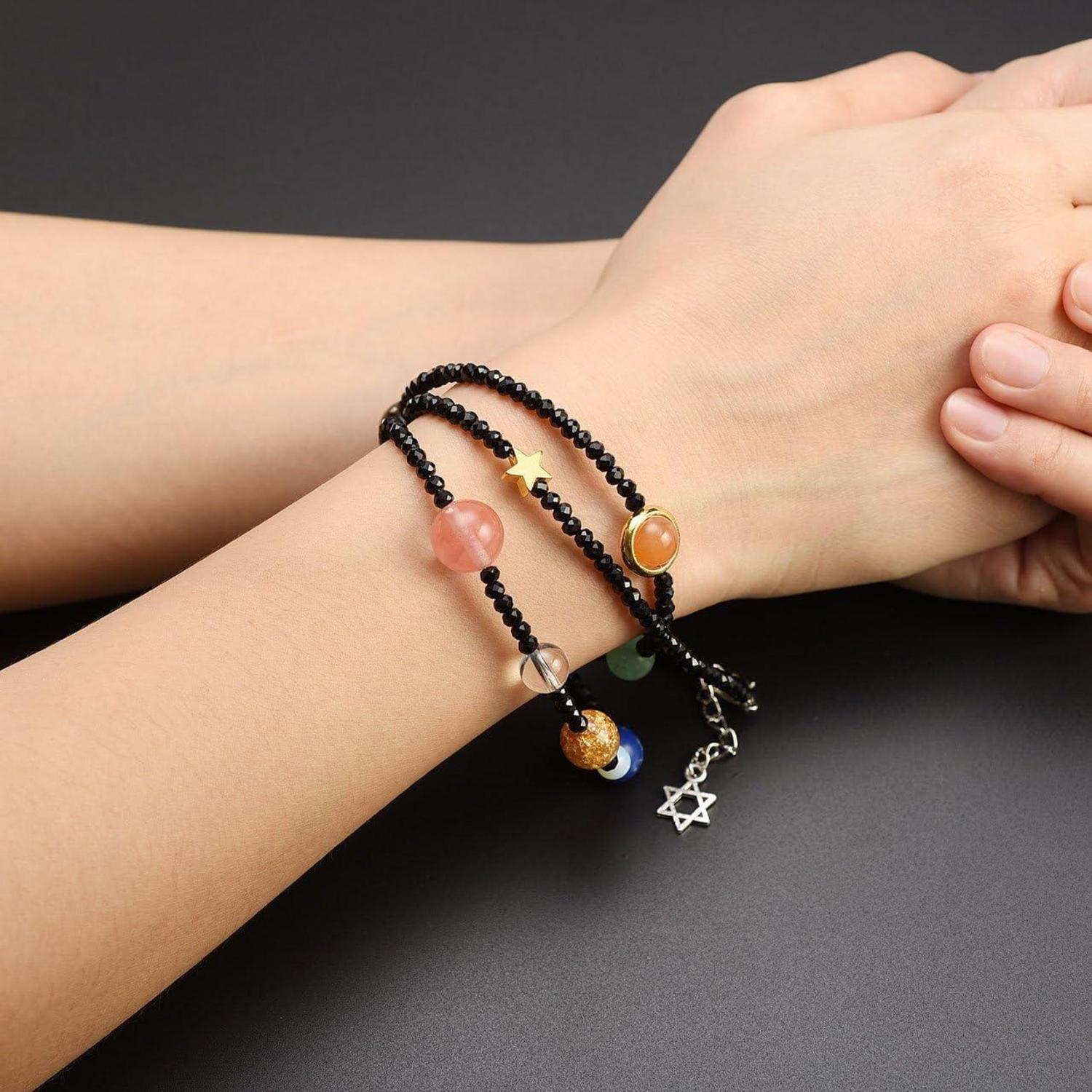 Jovivi Edelstein-Armband Sonnensystem Planeten Armreif Schwarz