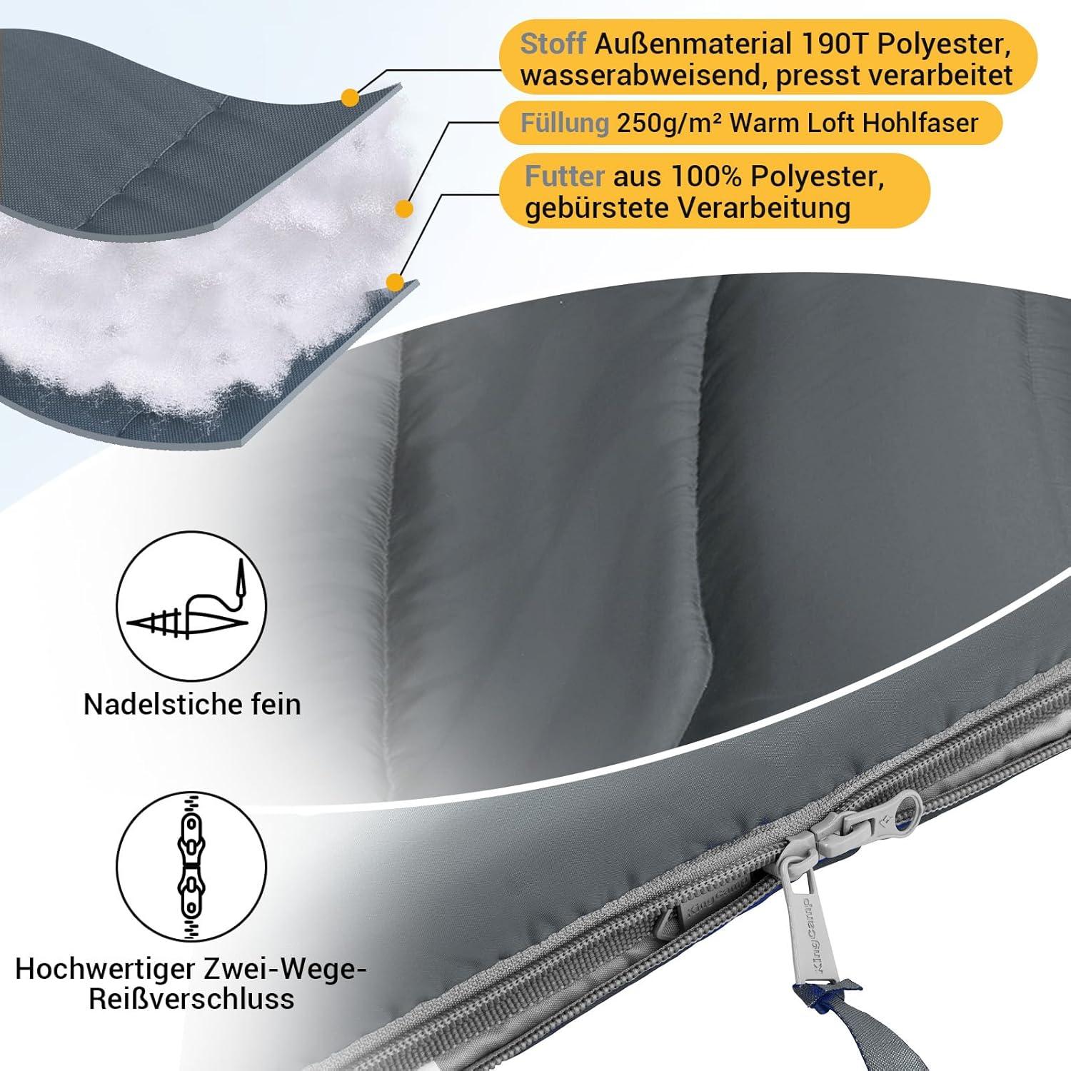 KingCamp Schlafsack Deckenschlafsack Camping 3-4 Jahreszeiten 165x70cm Warm Grau