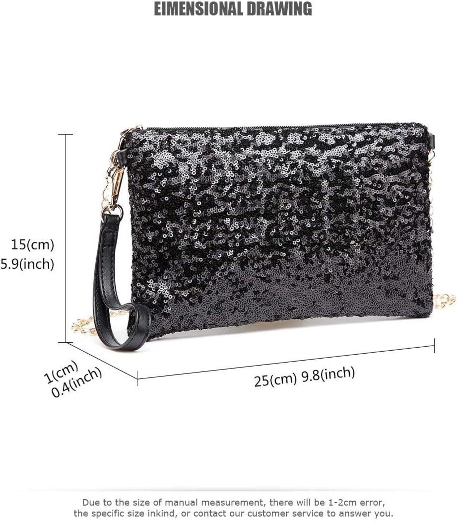 Miss Lulu Damen Mini Pailletten Clutch Umhängetasche Schultertasche in Schwarz