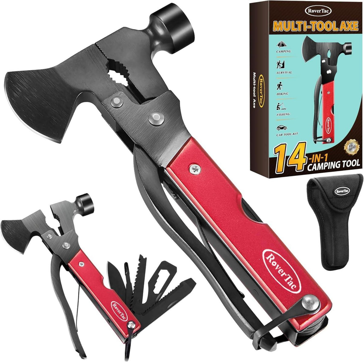 Multitool Beil Survival Gear 14-in-1 Camping Geschenk Rot