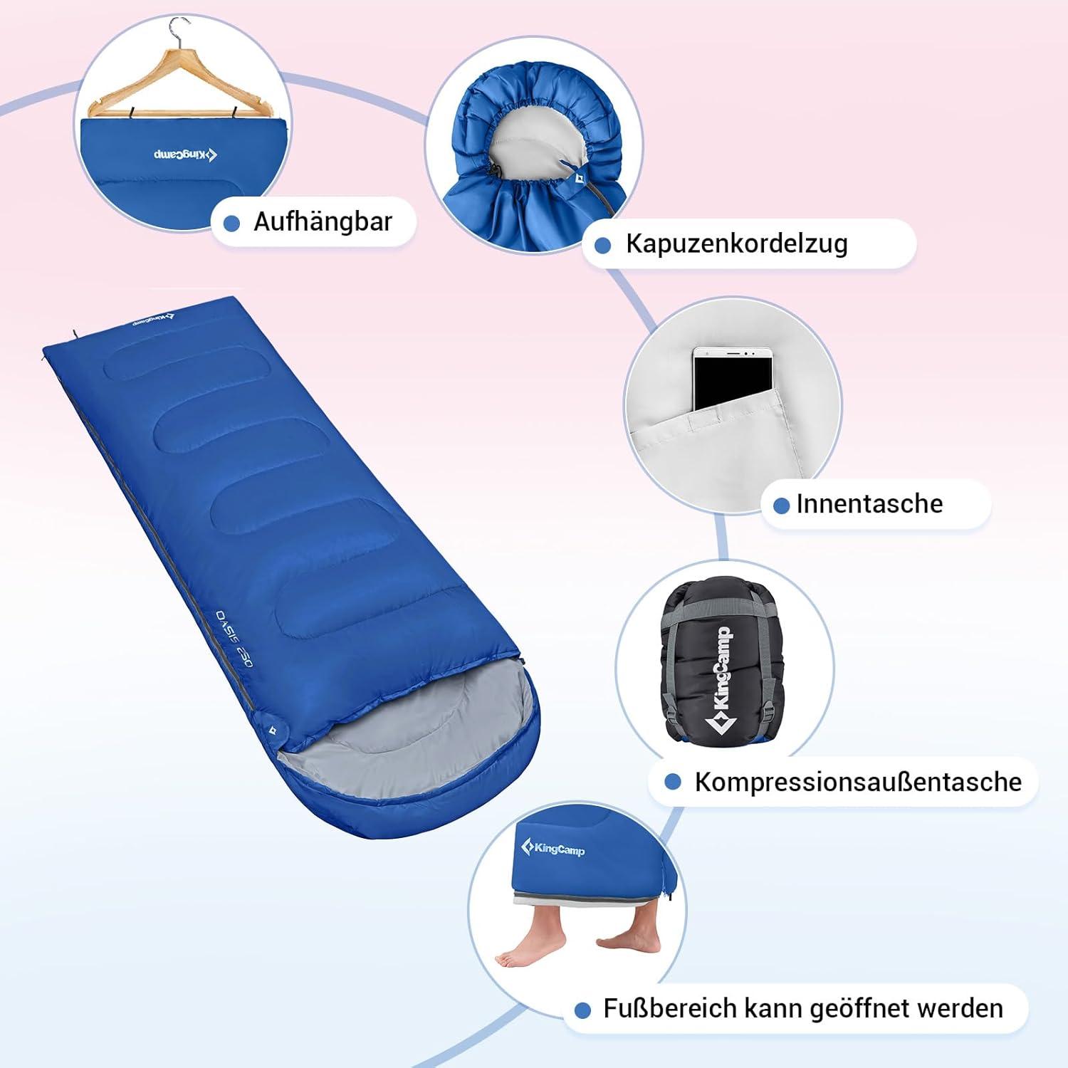 KingCamp Schlafsack Deckenschlafsack 3-4 Jahreszeiten Erwachsene Kinder Waschbar 165x70cm Blau