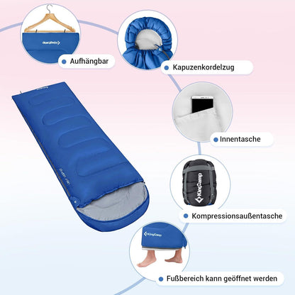 KingCamp Schlafsack Deckenschlafsack 3-4 Jahreszeiten Erwachsene Kinder Waschbar 165x70cm Blau