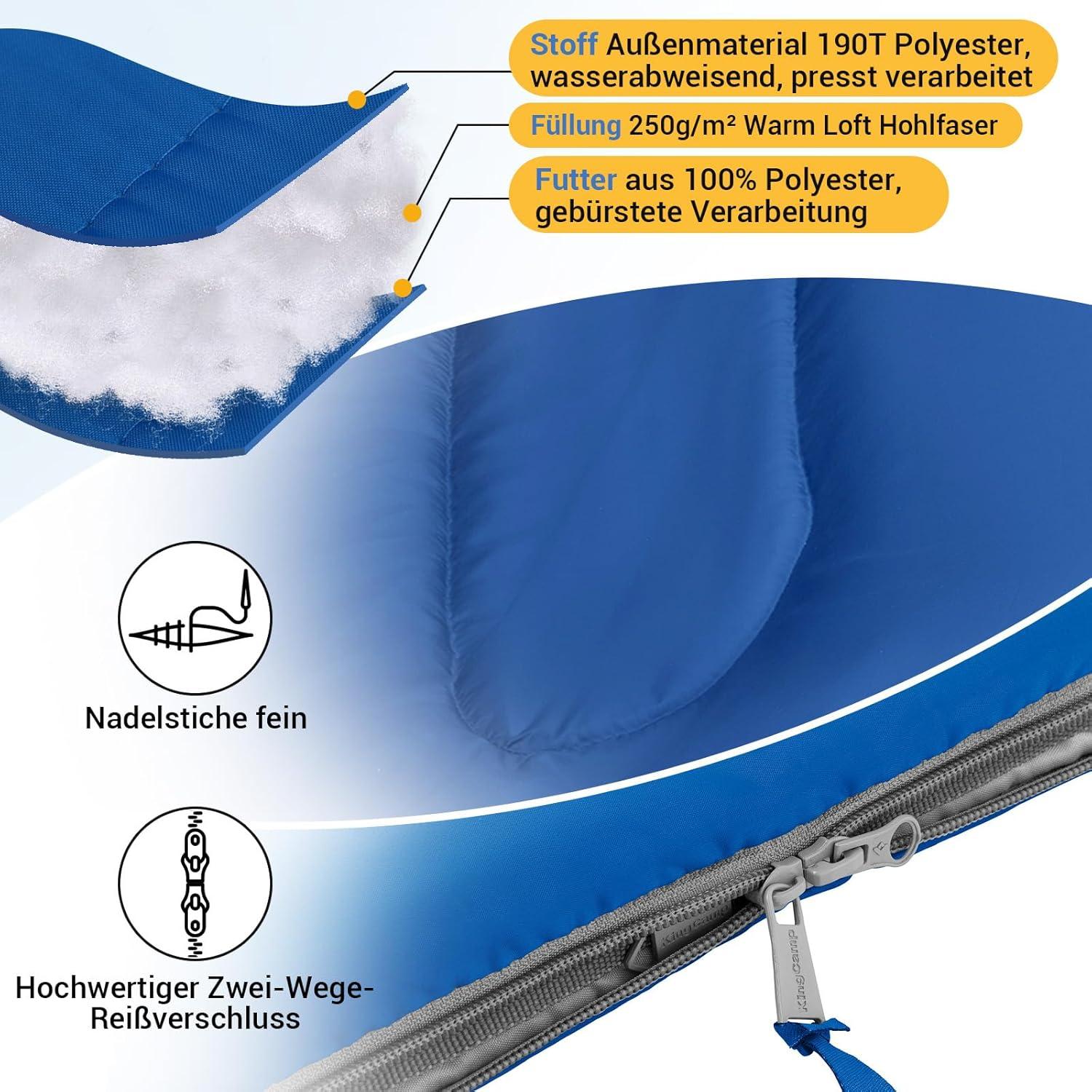 KingCamp Schlafsack Deckenschlafsack Camping 3-4 Jahreszeiten 165x70cm Blau