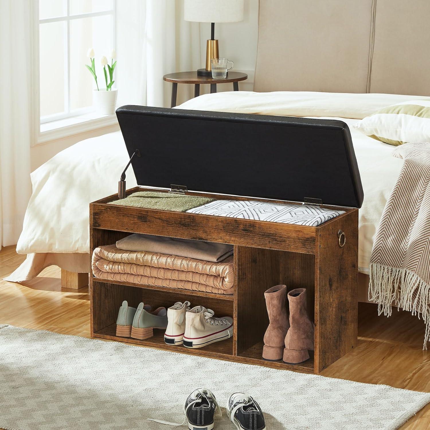Schuhbank mit gepolsterter Sitzfläche, 3 offene Fächer, Vintage-Stil, 82 x 31,5 x 46,5 cm, Schuhschrank bis 150 kg, für Flur und Wohnzimmer