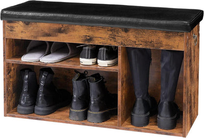 Schuhbank mit gepolsterter Sitzfläche, 3 offene Fächer, Vintage-Stil, 82 x 31,5 x 46,5 cm, Schuhschrank bis 150 kg, für Flur und Wohnzimmer