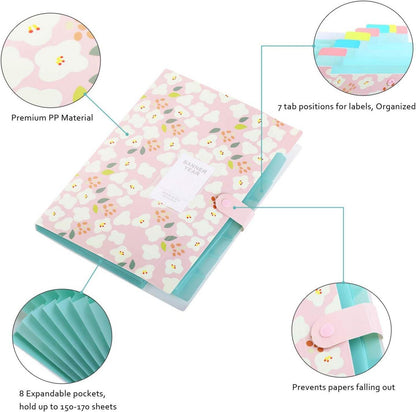 KONVINIT Fächermappe A4 Dokumentenmappe 8 Tasche Floral Bedruckt Rosa